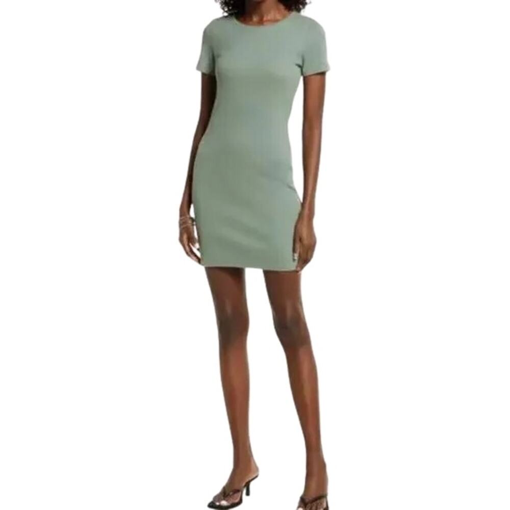 Open Edit Sage Green Bodycon Mini Dress Ribbed Textured Short Sleeve XXS NWOT